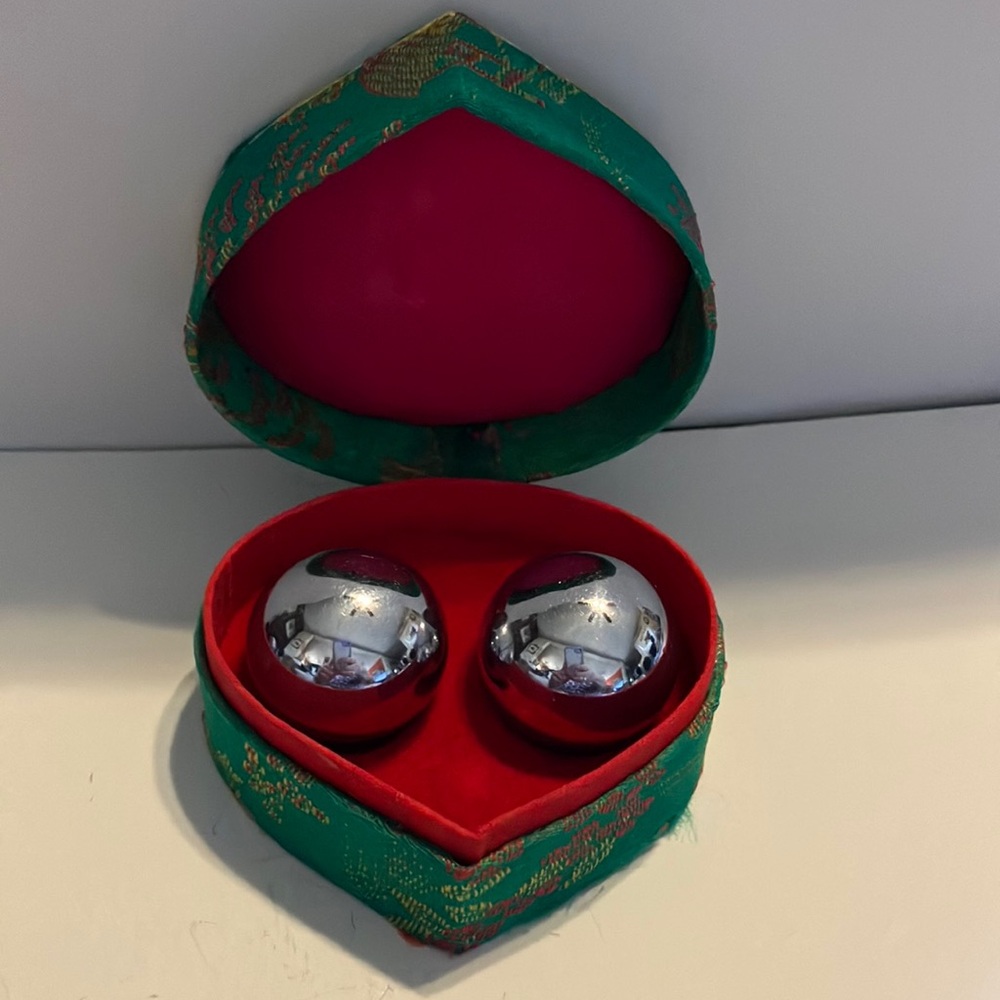 Chinese Baoding Ball Set in Traditional Red and Green Lined Case